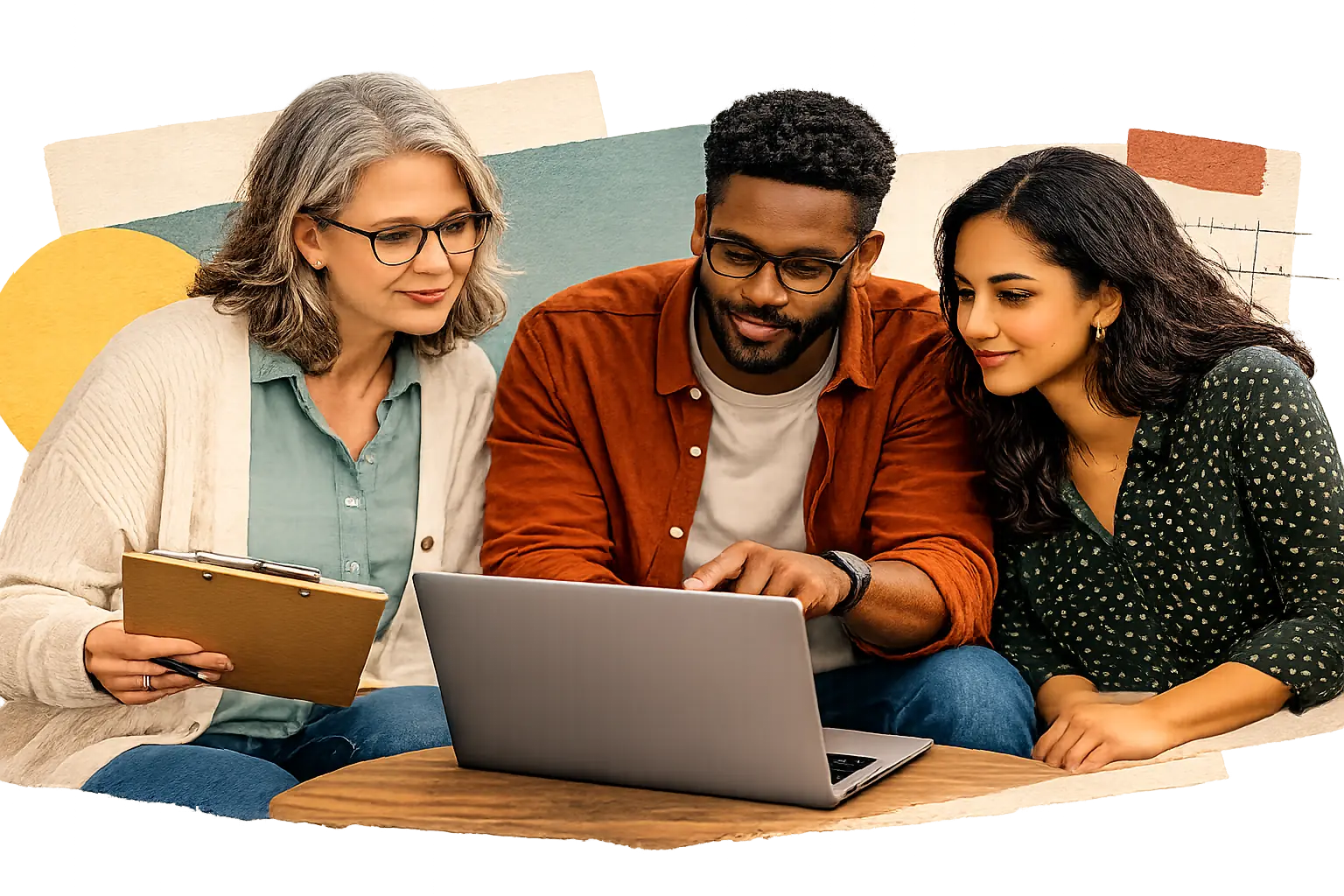 Three community institution staff members reviewing an AI implementation together.